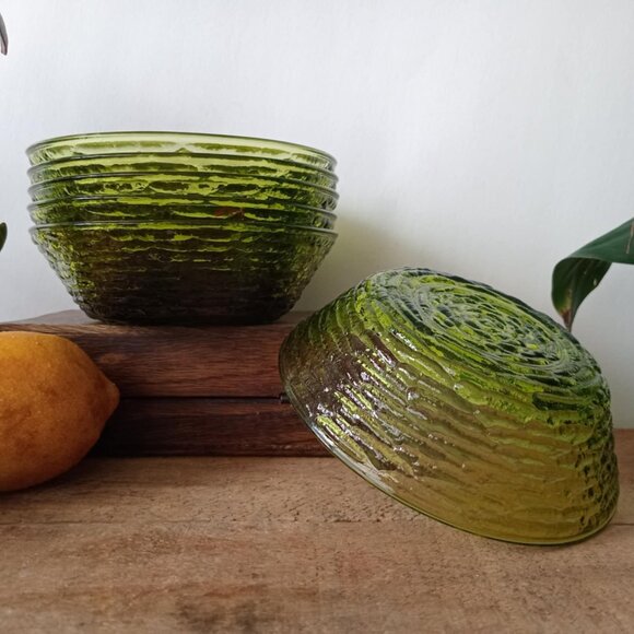 (Set - 6) Vintage Mid-Century Avocado Green Glass Bowls "Soreno" Anchor Hocking - Picture 7 of 9